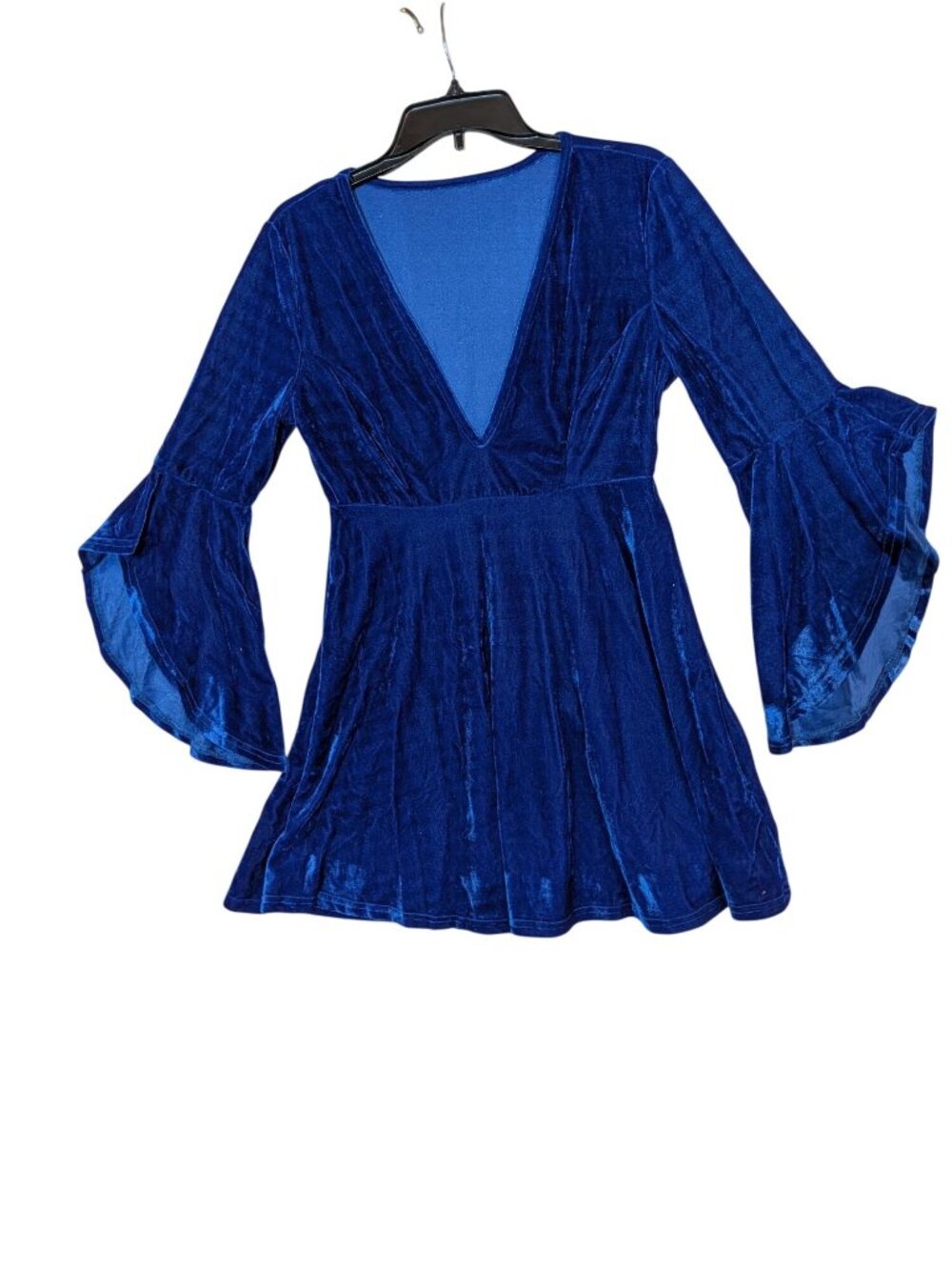 Velvet Blue Bell Sleeve Dress V-Neck Medium Polyester Womens Flare Fit